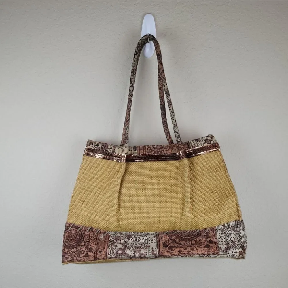 Woven Straw Tote with Paisley Trim - Yellow & Brown